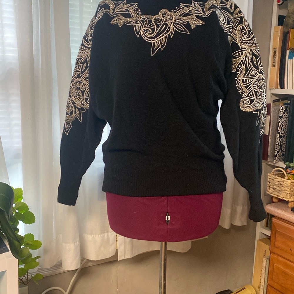 Elegant Black Sweater with White embroidery and beadwork Vintage